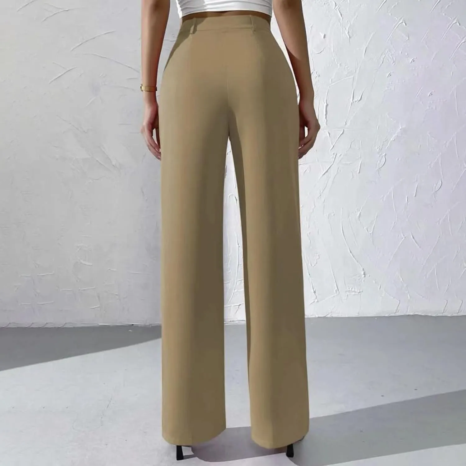 Straight Leg Dress Pants for Women Solid Color Pleated Palazzo Pants Stylish Casual High Waist Button Work Trousers