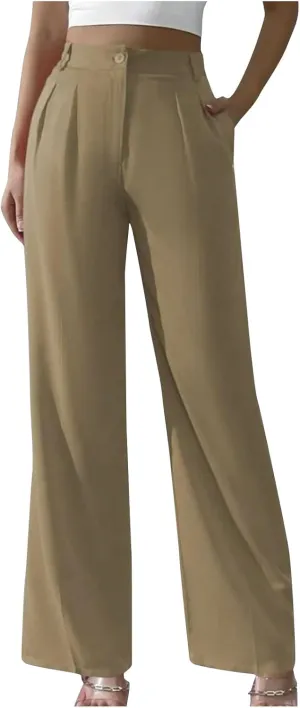 Straight Leg Dress Pants for Women Solid Color Pleated Palazzo Pants Stylish Casual High Waist Button Work Trousers