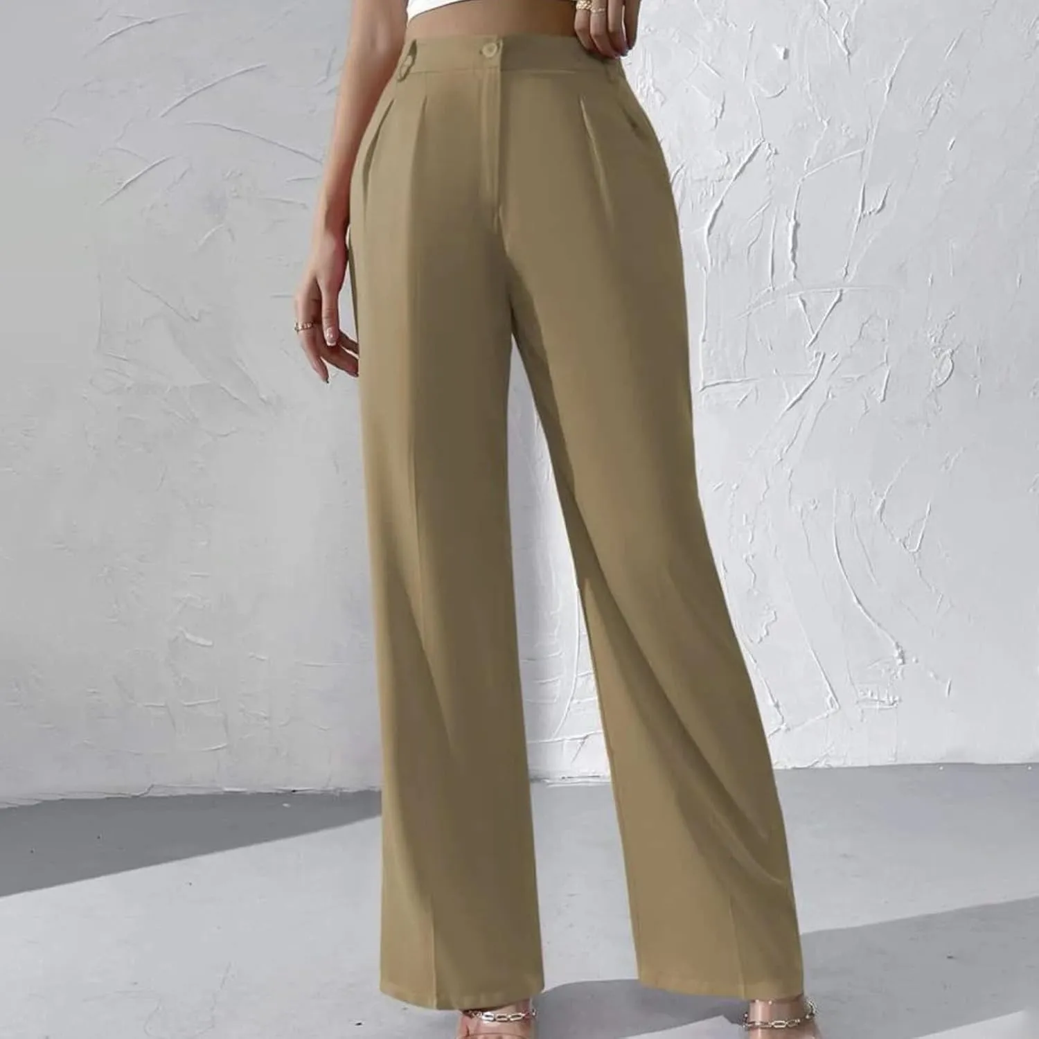 Straight Leg Dress Pants for Women Solid Color Pleated Palazzo Pants Stylish Casual High Waist Button Work Trousers