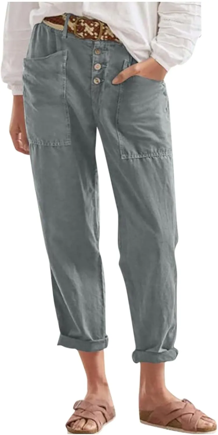 Straight Leg Trousers for Women High Waisted Button Down Linen Pants Vintage Lightweight Solid Dress Pants with Pockets