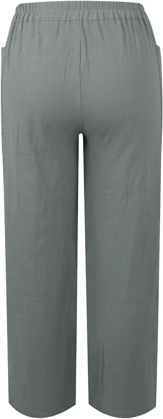 Straight Leg Trousers for Women High Waisted Button Down Linen Pants Vintage Lightweight Solid Dress Pants with Pockets