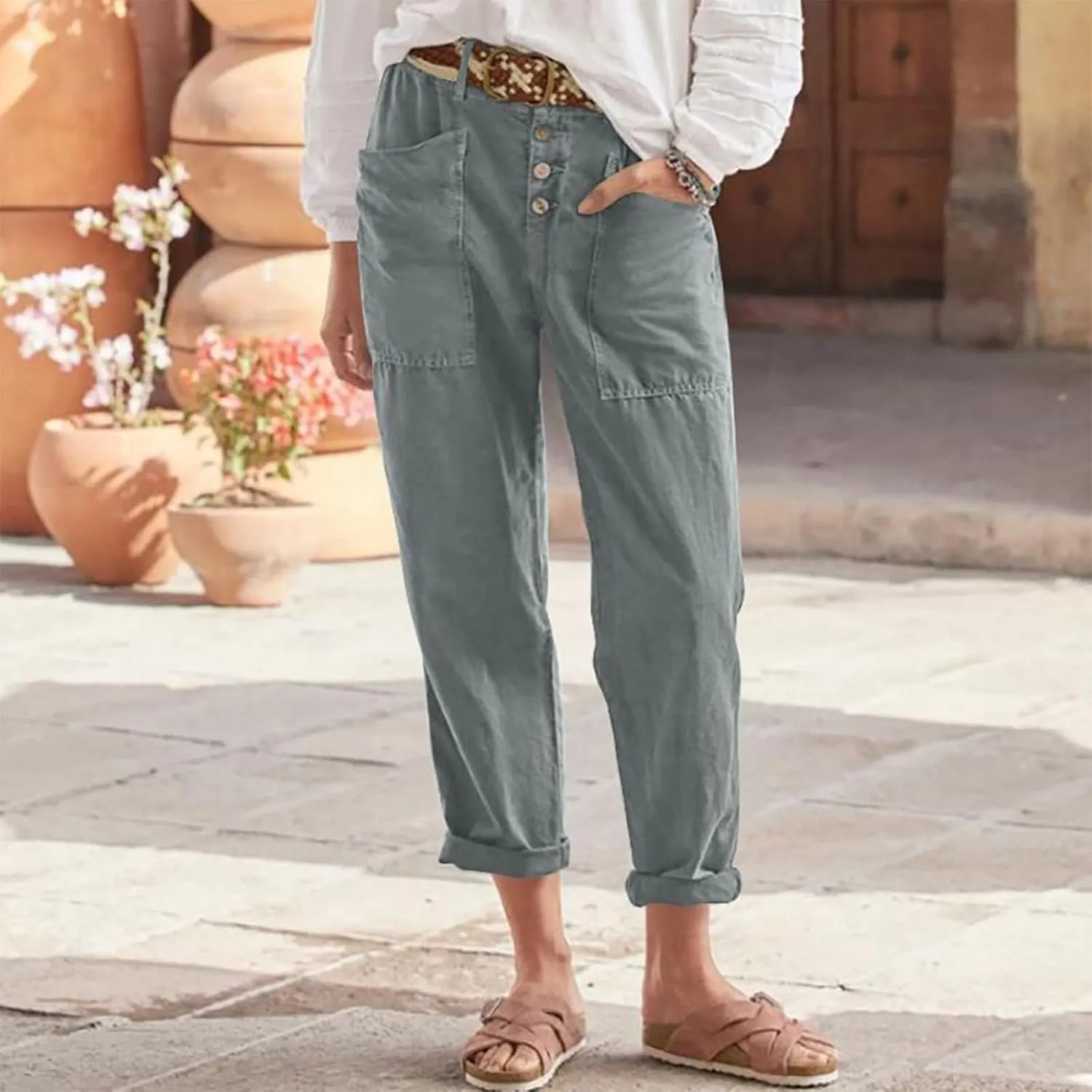 Straight Leg Trousers for Women High Waisted Button Down Linen Pants Vintage Lightweight Solid Dress Pants with Pockets