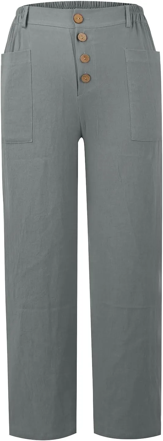 Straight Leg Trousers for Women High Waisted Button Down Linen Pants Vintage Lightweight Solid Dress Pants with Pockets