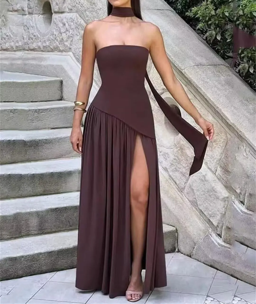 Strapless Bridesmaid Dresses with Scarf Satin Long Maxi Dresses Evening Dress with Slit PU285