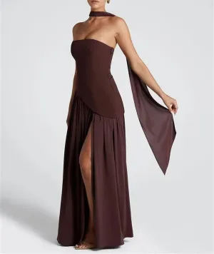 Strapless Bridesmaid Dresses with Scarf Satin Long Maxi Dresses Evening Dress with Slit PU285