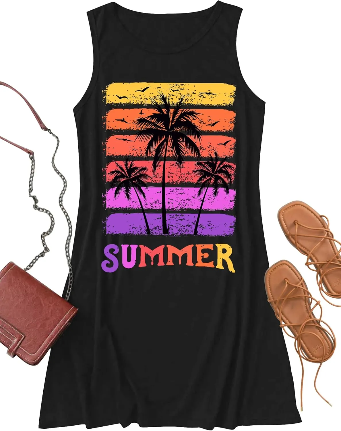 Summer Beach Dress Sundresses for Women Sunsets Graphic Mini Tank Sleeveless Hawaiian Vacation Outfits