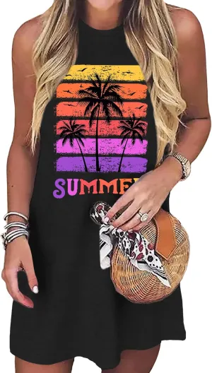 Summer Beach Dress Sundresses for Women Sunsets Graphic Mini Tank Sleeveless Hawaiian Vacation Outfits