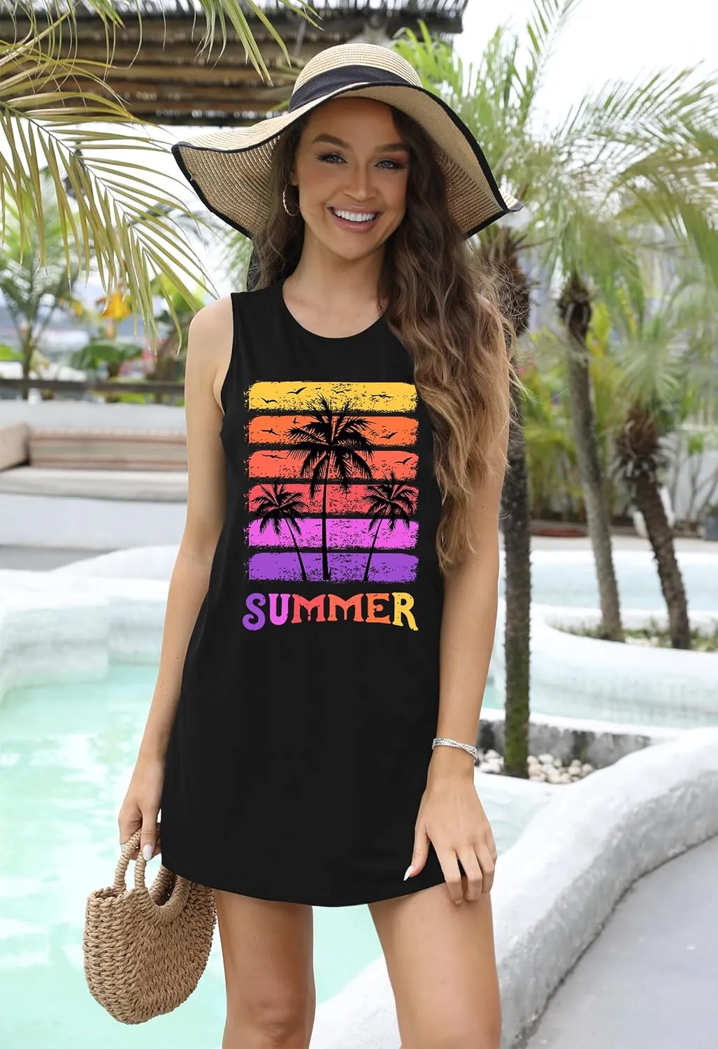 Summer Beach Dress Sundresses for Women Sunsets Graphic Mini Tank Sleeveless Hawaiian Vacation Outfits