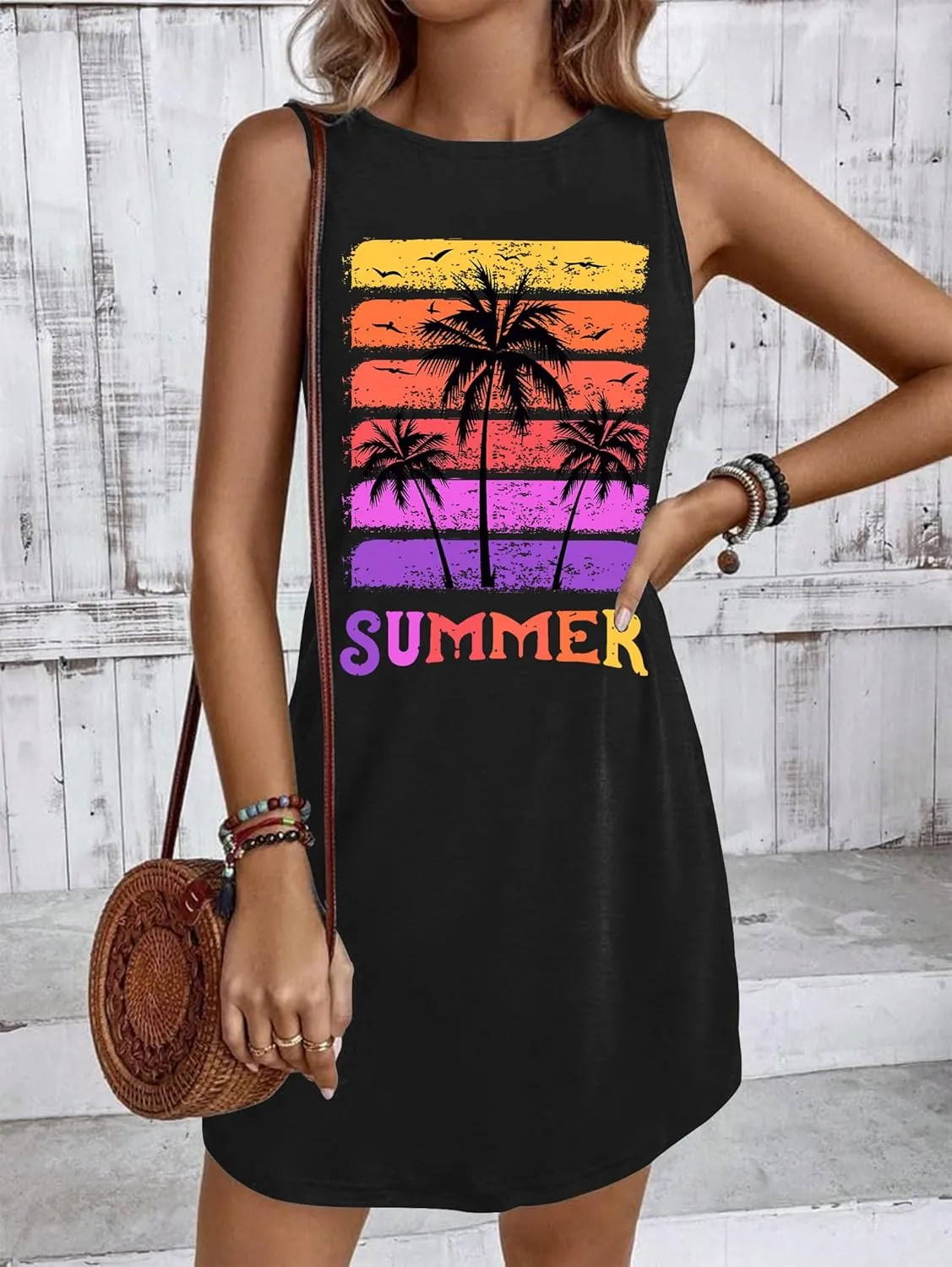 Summer Beach Dress Sundresses for Women Sunsets Graphic Mini Tank Sleeveless Hawaiian Vacation Outfits