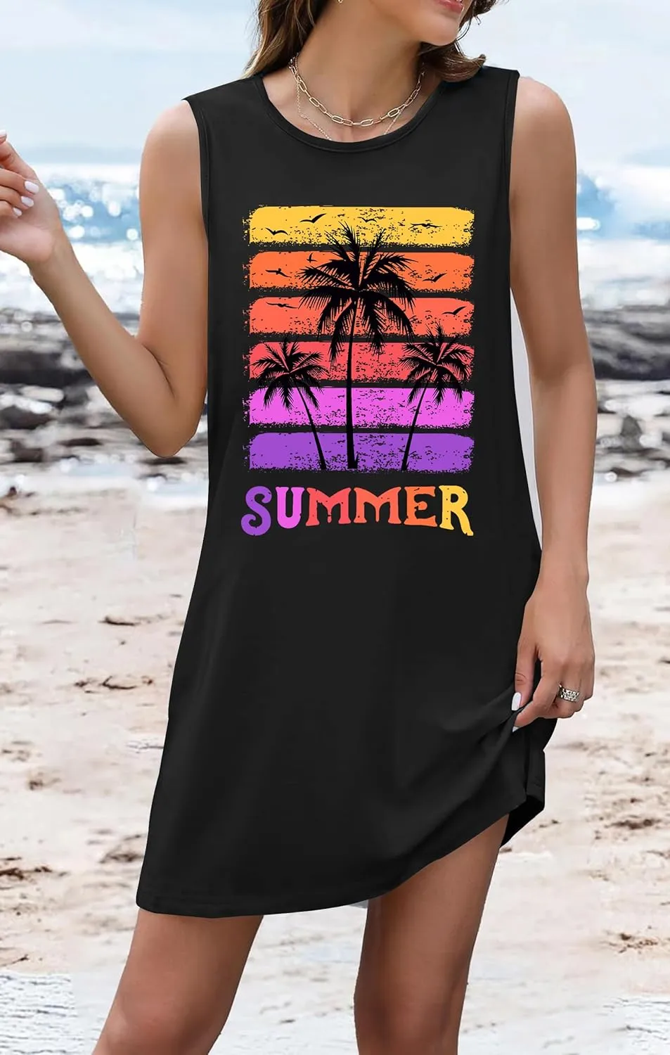 Summer Beach Dress Sundresses for Women Sunsets Graphic Mini Tank Sleeveless Hawaiian Vacation Outfits