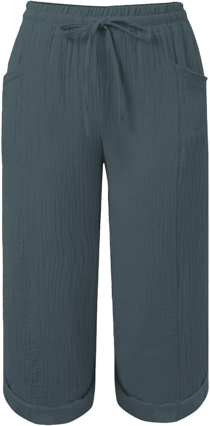 Summer Capris for Women Cotton Linen Pants Casual 2025 Loose Comfy Trendy Elastic Waist Cropped Trouser Beach Clothes