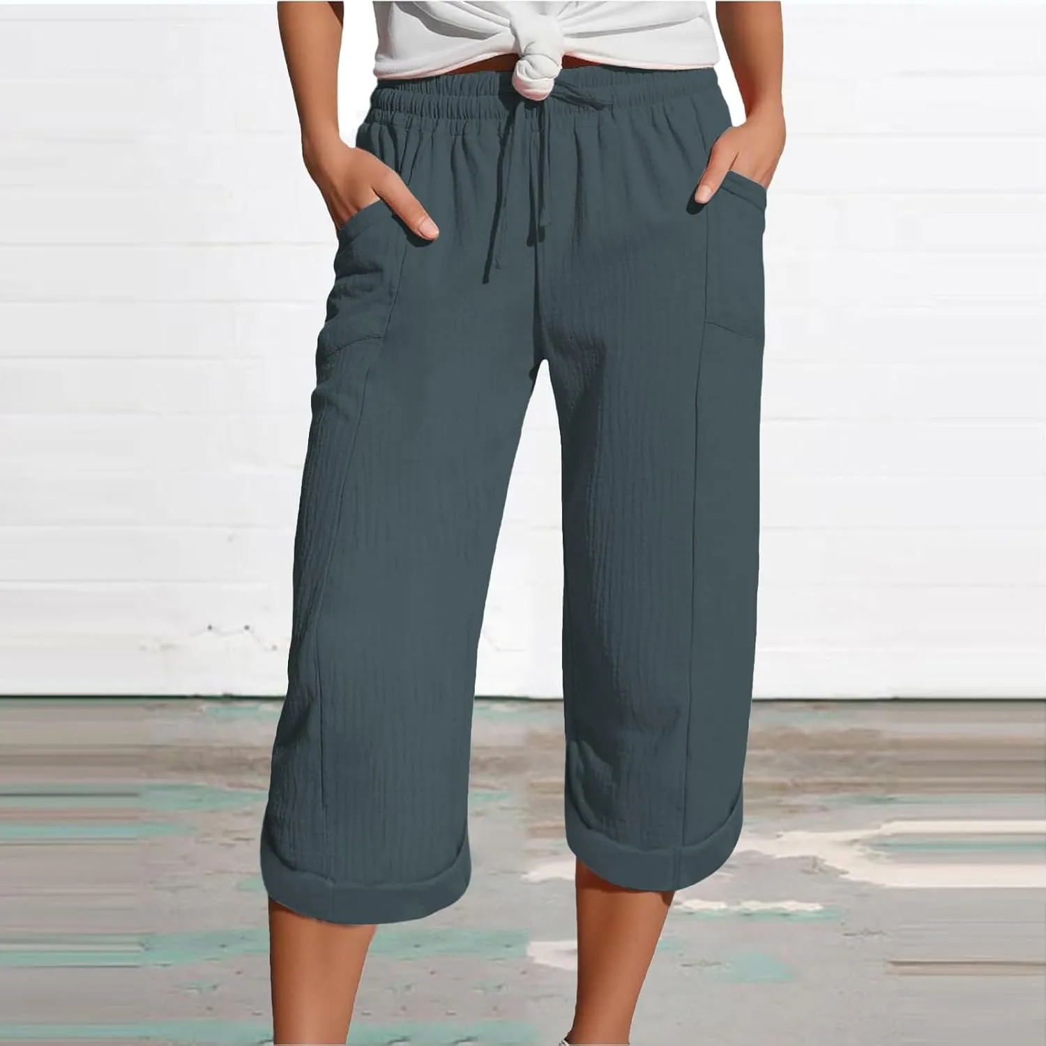 Summer Capris for Women Cotton Linen Pants Casual 2025 Loose Comfy Trendy Elastic Waist Cropped Trouser Beach Clothes