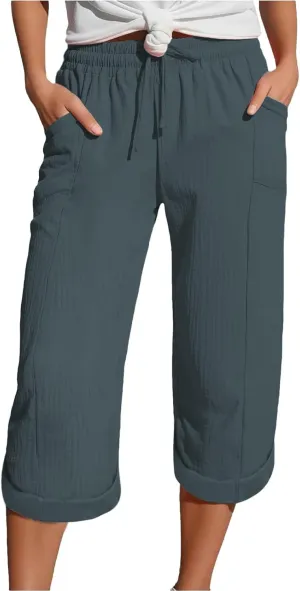 Summer Capris for Women Cotton Linen Pants Casual 2025 Loose Comfy Trendy Elastic Waist Cropped Trouser Beach Clothes