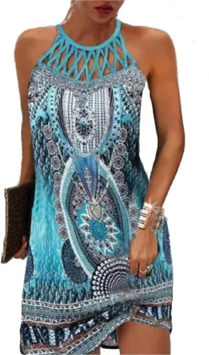 Summer Dresses for Women 2024 Casual Floral Hollow Out Halter Neck A-line Sundresses for Beach Vacation