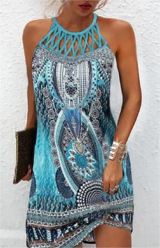 Summer Dresses for Women 2024 Casual Floral Hollow Out Halter Neck A-line Sundresses for Beach Vacation