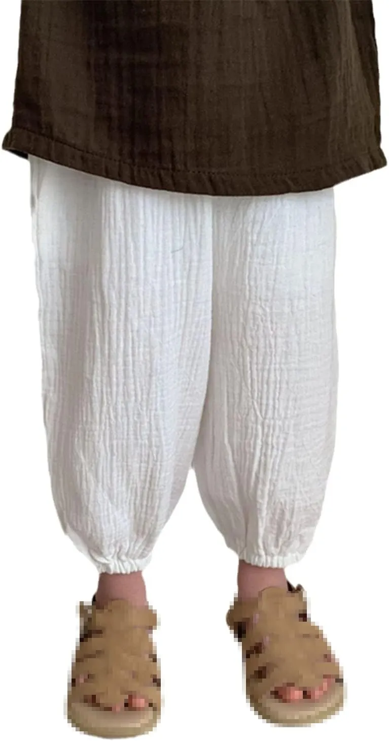 Summer Kids Pants Boys Loose Linen Harem Pants Girls Casual Pants White