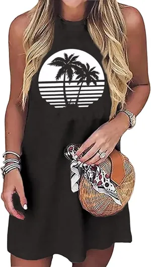 Sun Salt Sand Coconut Tree Tank Mini Dress for Women Sleeveless Beach Praty Shirts Summer Vacation Short Mini Dresses