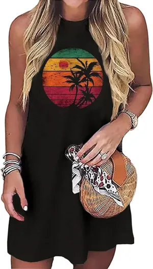 Sun Salt Sand Coconut Tree Tank Mini Dress for Women Sleeveless Beach Praty Shirts Summer Vacation Short Mini Dresses