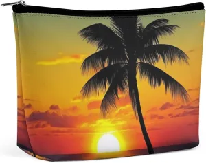 Sunset Palm Tree Cosmetic Bags for Women Men Waterproof Travel Toiletry Bag Large Capacity Makeup Bags PU Leather Cute Makeup Pouch Protable Travel Bag for Toiletries