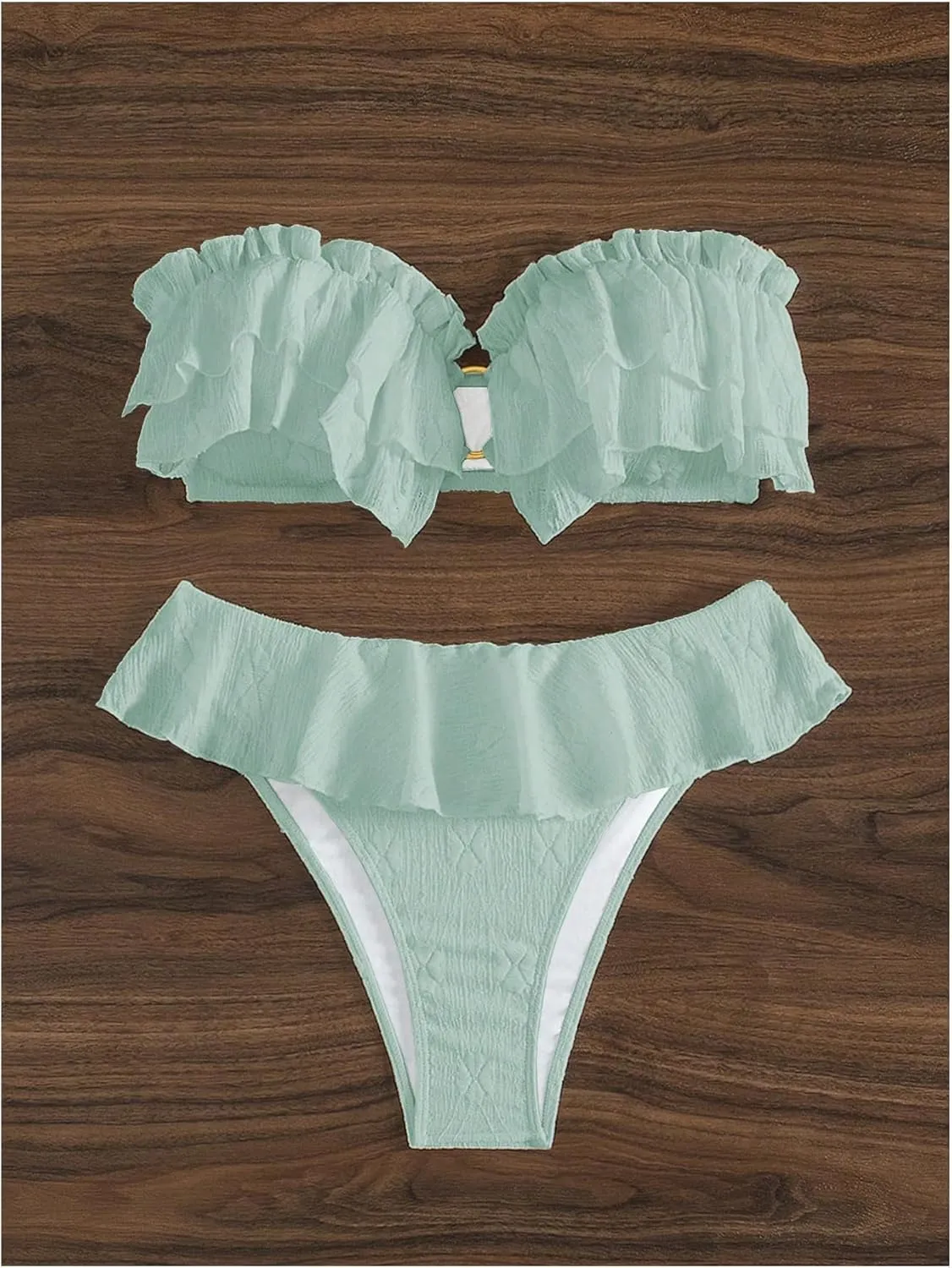 SweatyRocks Women's 2 Piece Bandeau Swimsuit Ruffle Trim Ring Bikini Set Strapless High Cut Bathing Suit