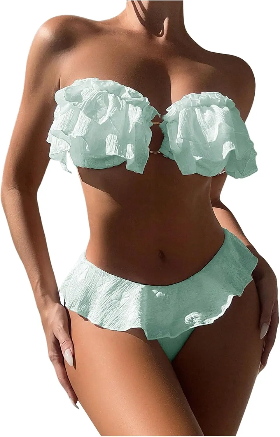 SweatyRocks Women's 2 Piece Bandeau Swimsuit Ruffle Trim Ring Bikini Set Strapless High Cut Bathing Suit