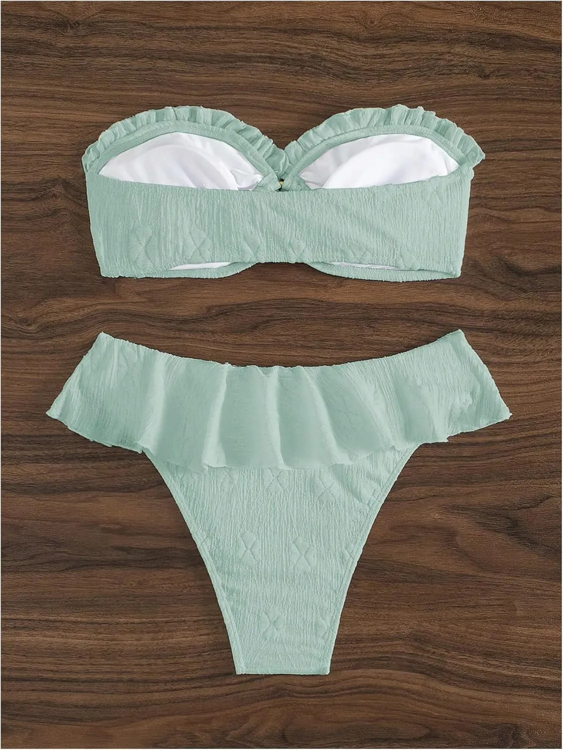SweatyRocks Women's 2 Piece Bandeau Swimsuit Ruffle Trim Ring Bikini Set Strapless High Cut Bathing Suit