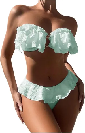 SweatyRocks Women's 2 Piece Bandeau Swimsuit Ruffle Trim Ring Bikini Set Strapless High Cut Bathing Suit
