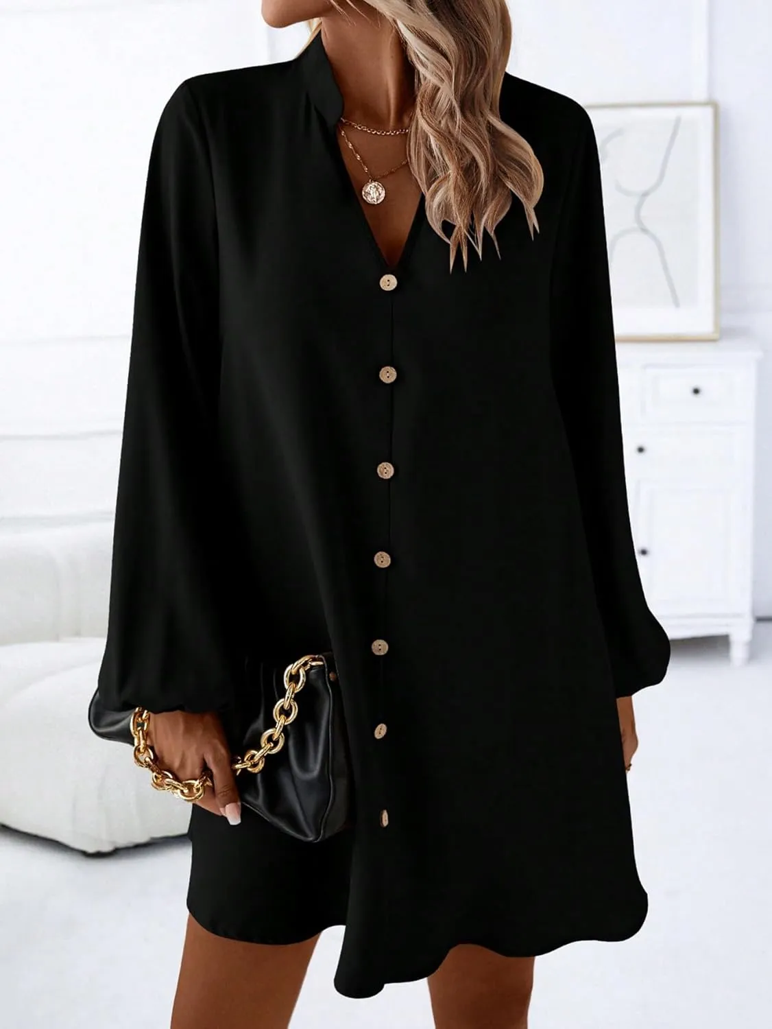 SweatyRocks Women's V Neck Pullover Shirt Dress A Line Long Lantern Sleeve Flared Loose Mini Dresses
