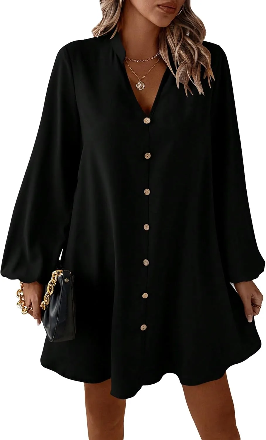 SweatyRocks Women's V Neck Pullover Shirt Dress A Line Long Lantern Sleeve Flared Loose Mini Dresses