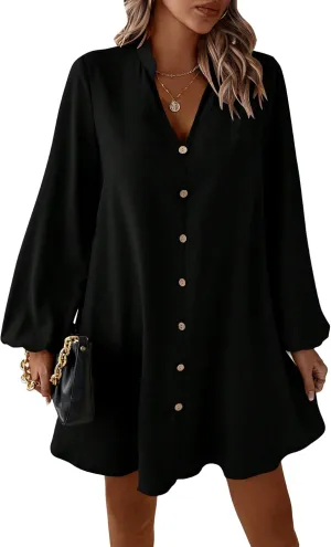 SweatyRocks Women's V Neck Pullover Shirt Dress A Line Long Lantern Sleeve Flared Loose Mini Dresses