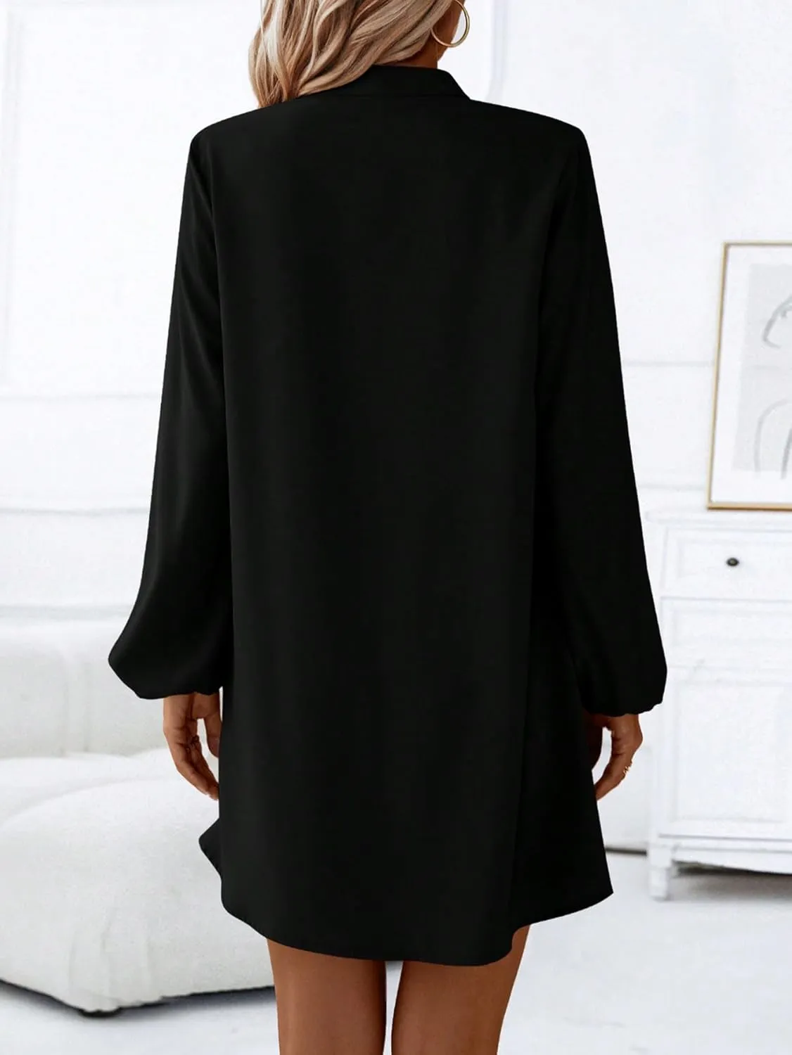 SweatyRocks Women's V Neck Pullover Shirt Dress A Line Long Lantern Sleeve Flared Loose Mini Dresses