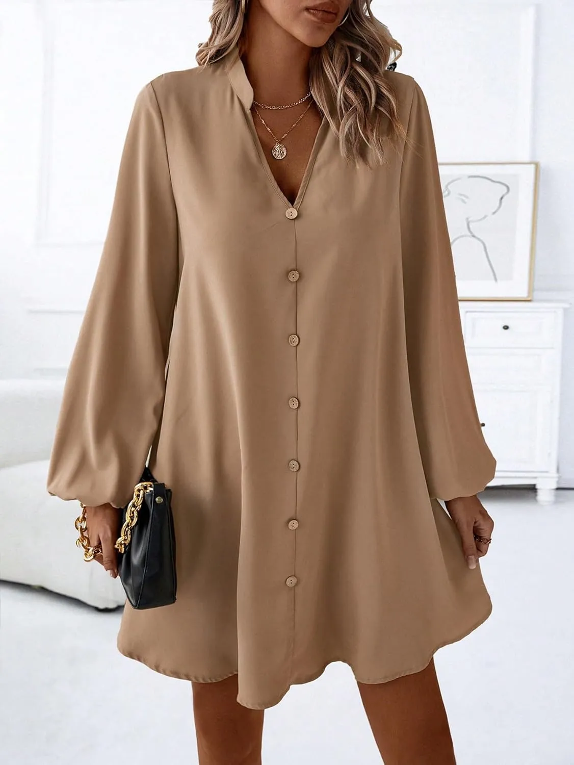 SweatyRocks Women's V Neck Pullover Shirt Dress A Line Long Lantern Sleeve Flared Loose Mini Dresses
