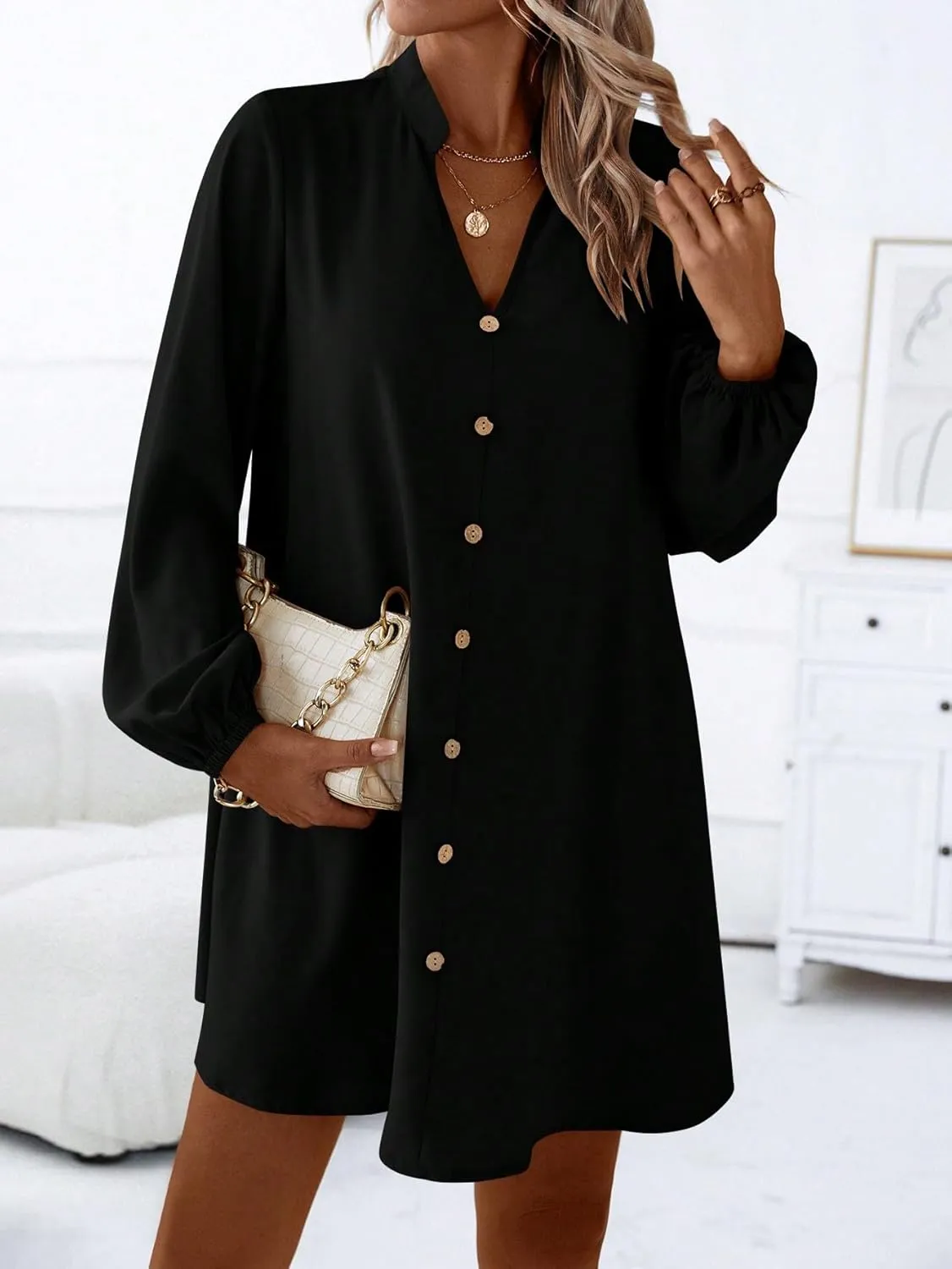 SweatyRocks Women's V Neck Pullover Shirt Dress A Line Long Lantern Sleeve Flared Loose Mini Dresses