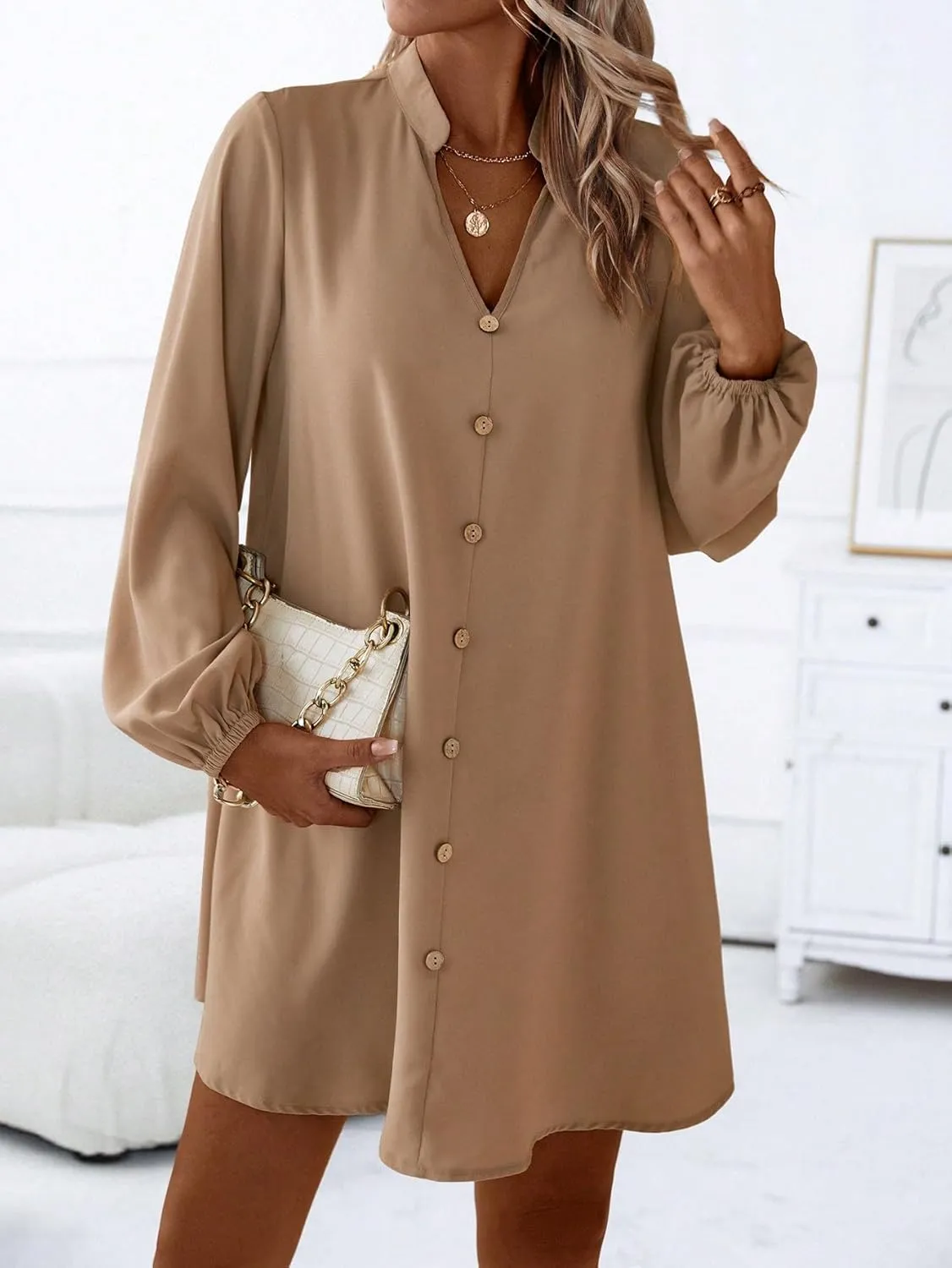 SweatyRocks Women's V Neck Pullover Shirt Dress A Line Long Lantern Sleeve Flared Loose Mini Dresses