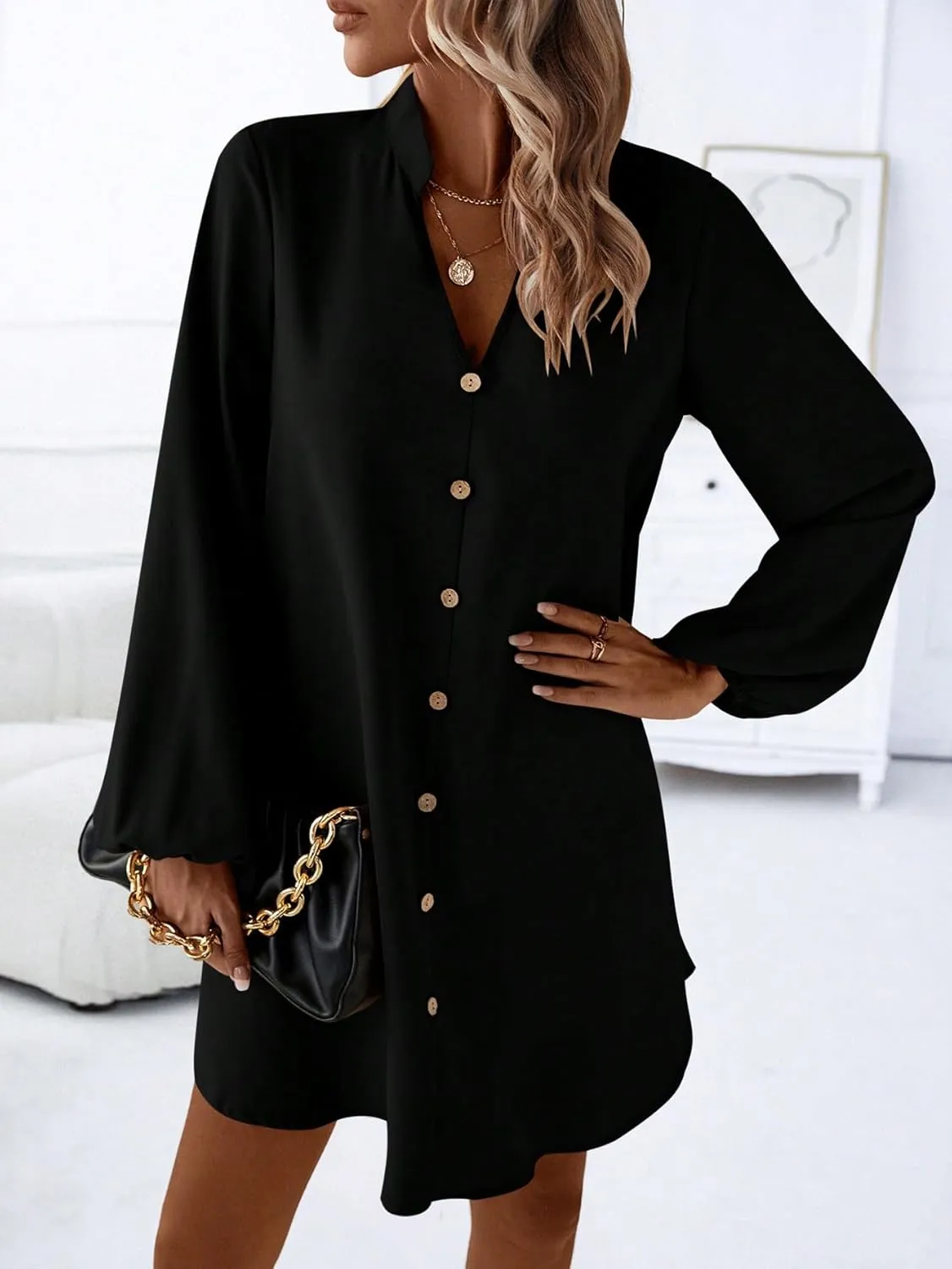 SweatyRocks Women's V Neck Pullover Shirt Dress A Line Long Lantern Sleeve Flared Loose Mini Dresses