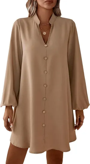 SweatyRocks Women's V Neck Pullover Shirt Dress A Line Long Lantern Sleeve Flared Loose Mini Dresses
