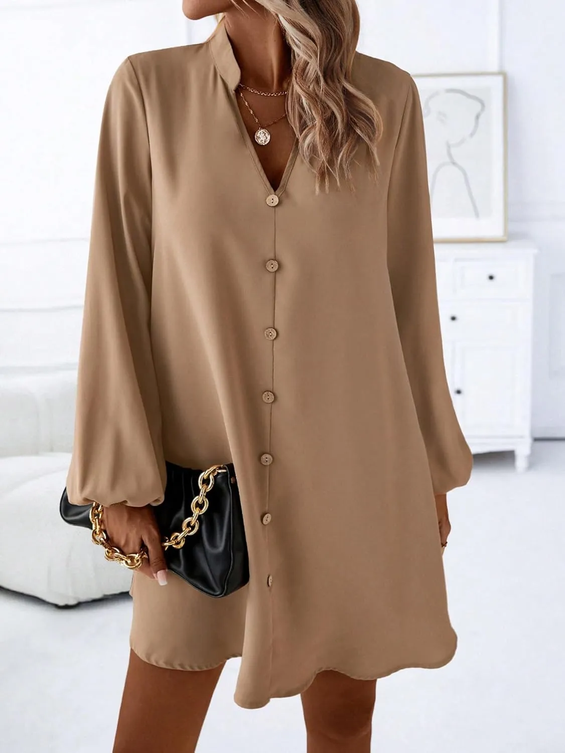 SweatyRocks Women's V Neck Pullover Shirt Dress A Line Long Lantern Sleeve Flared Loose Mini Dresses
