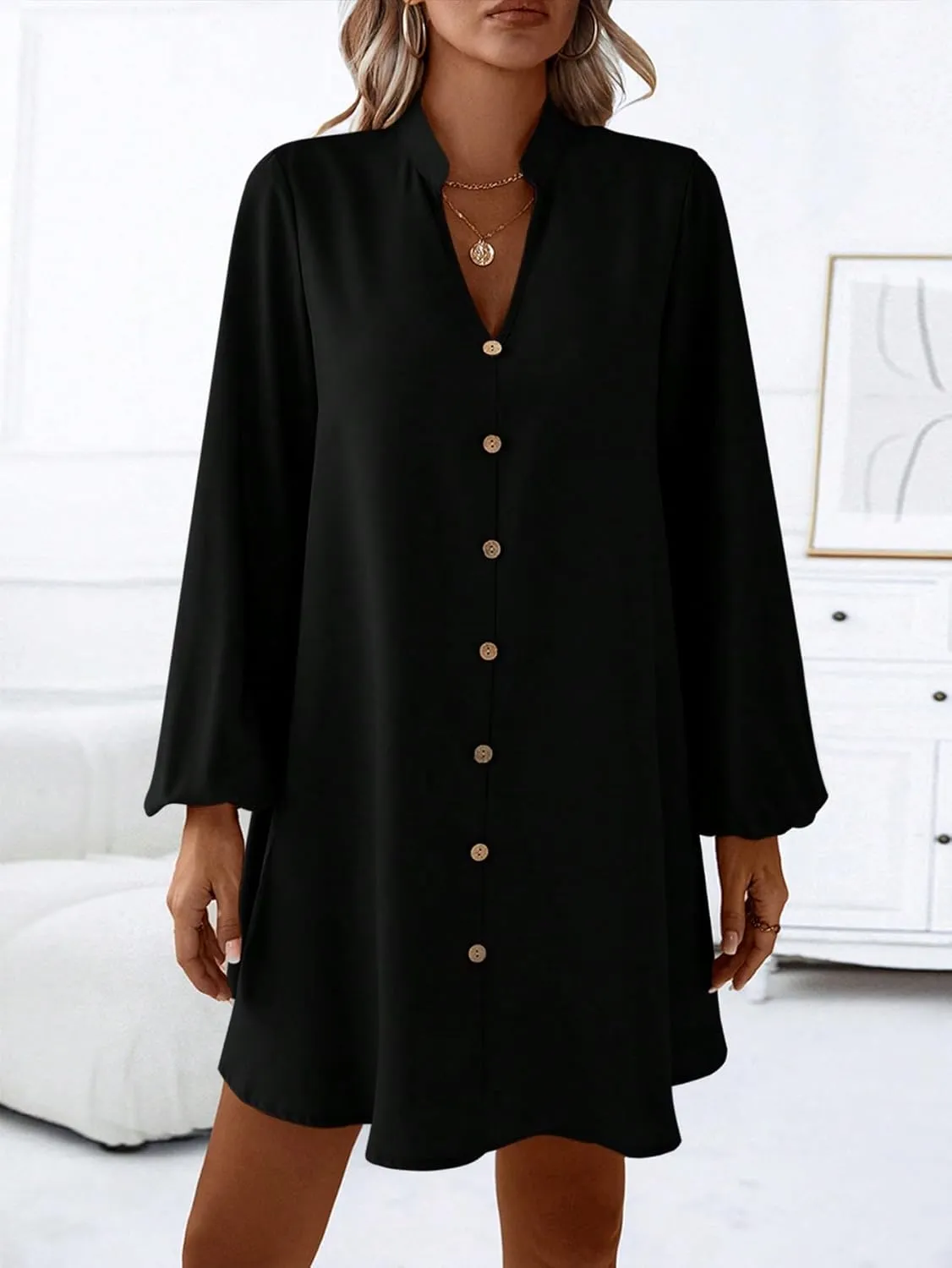 SweatyRocks Women's V Neck Pullover Shirt Dress A Line Long Lantern Sleeve Flared Loose Mini Dresses