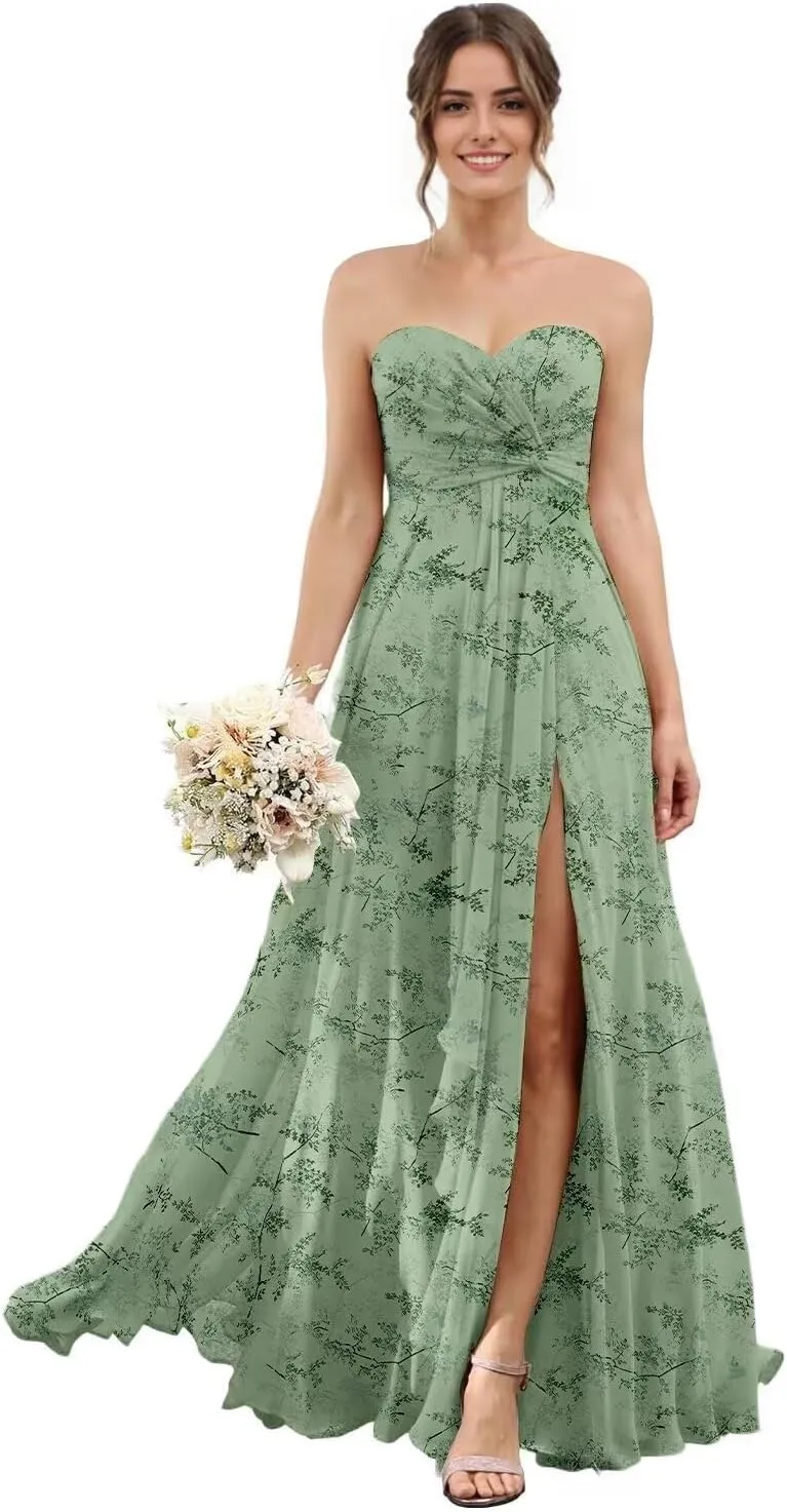 Sweetheart Chiffon Bridesmaid Dresses with Slit Long Pleated Prom Dress Strapless Formal Party Gowns