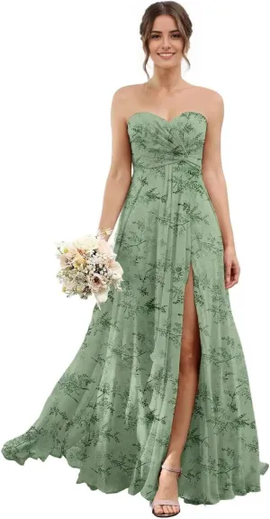 Sweetheart Chiffon Bridesmaid Dresses with Slit Long Pleated Prom Dress Strapless Formal Party Gowns