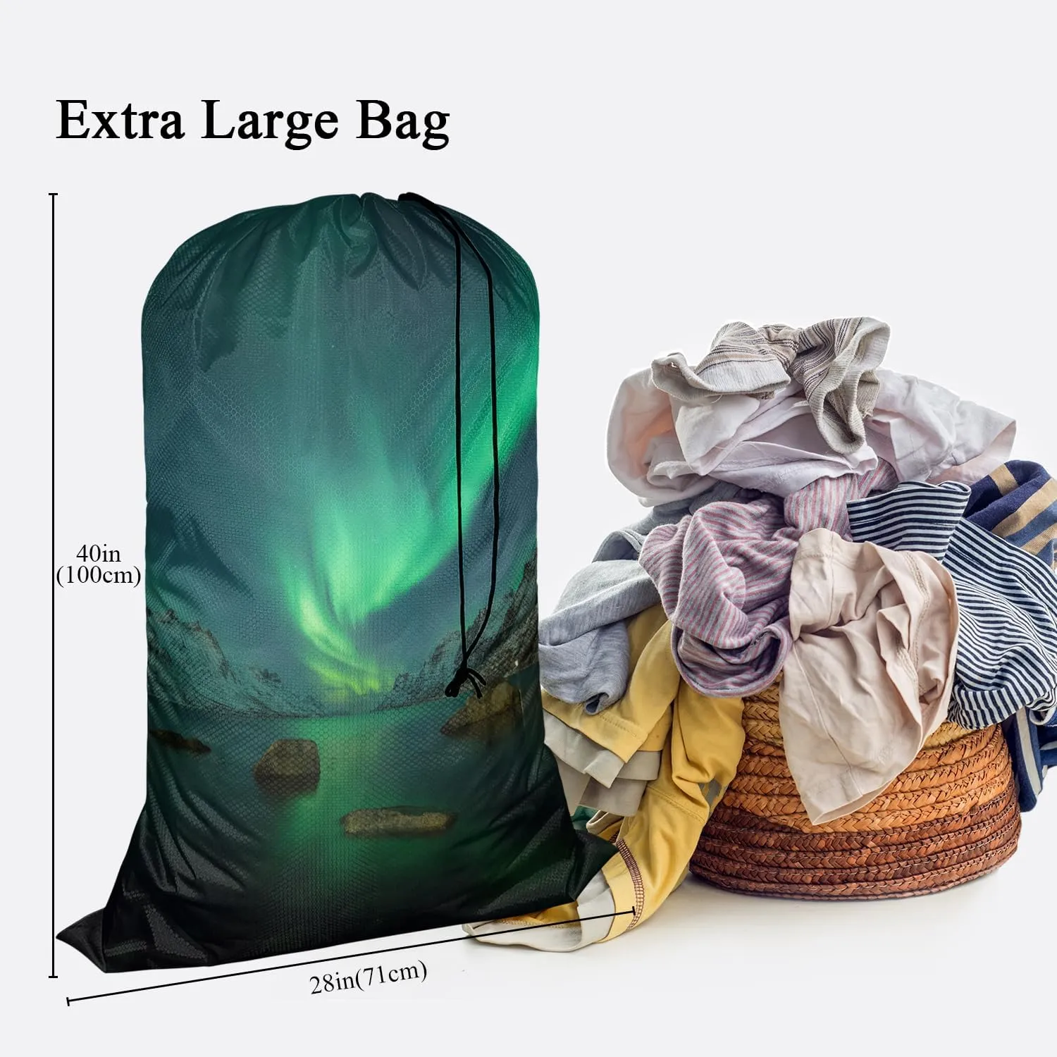 Swono Aurora Travel Laundry Bag, Northern Lights Above Coast Galaxy Sky Coast Machine Washable Dirty Clothes Organizer, Large Enough to Hold 4 Loads of Laundry, Easy Fit a Laundry Hamper or Basket