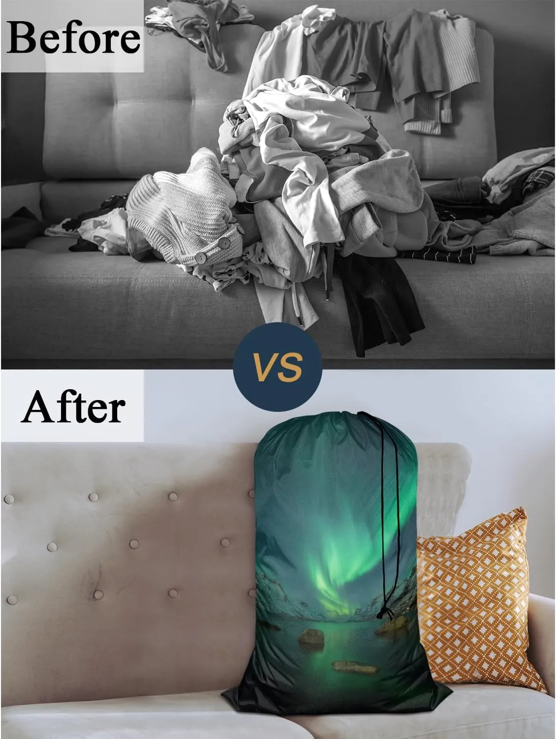 Swono Aurora Travel Laundry Bag, Northern Lights Above Coast Galaxy Sky Coast Machine Washable Dirty Clothes Organizer, Large Enough to Hold 4 Loads of Laundry, Easy Fit a Laundry Hamper or Basket