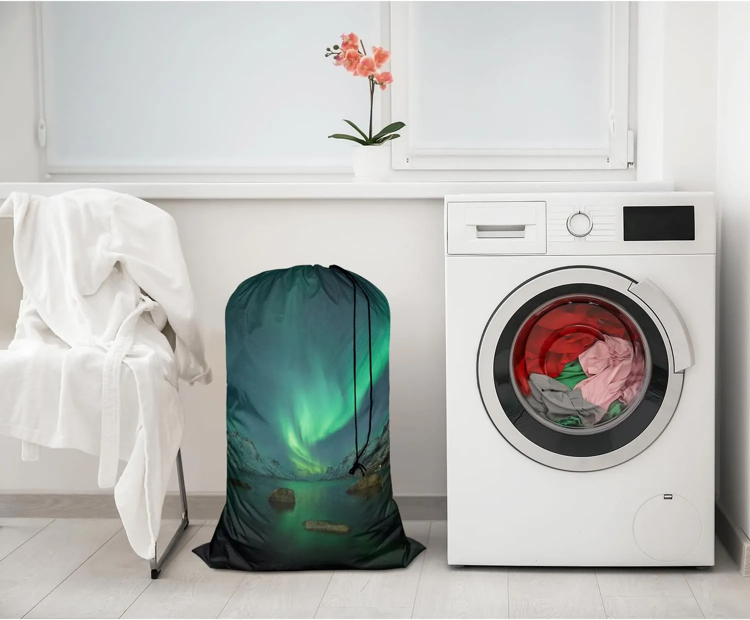 Swono Aurora Travel Laundry Bag, Northern Lights Above Coast Galaxy Sky Coast Machine Washable Dirty Clothes Organizer, Large Enough to Hold 4 Loads of Laundry, Easy Fit a Laundry Hamper or Basket