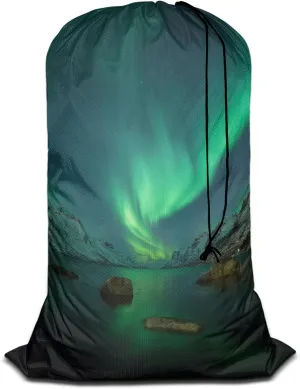 Swono Aurora Travel Laundry Bag, Northern Lights Above Coast Galaxy Sky Coast Machine Washable Dirty Clothes Organizer, Large Enough to Hold 4 Loads of Laundry, Easy Fit a Laundry Hamper or Basket