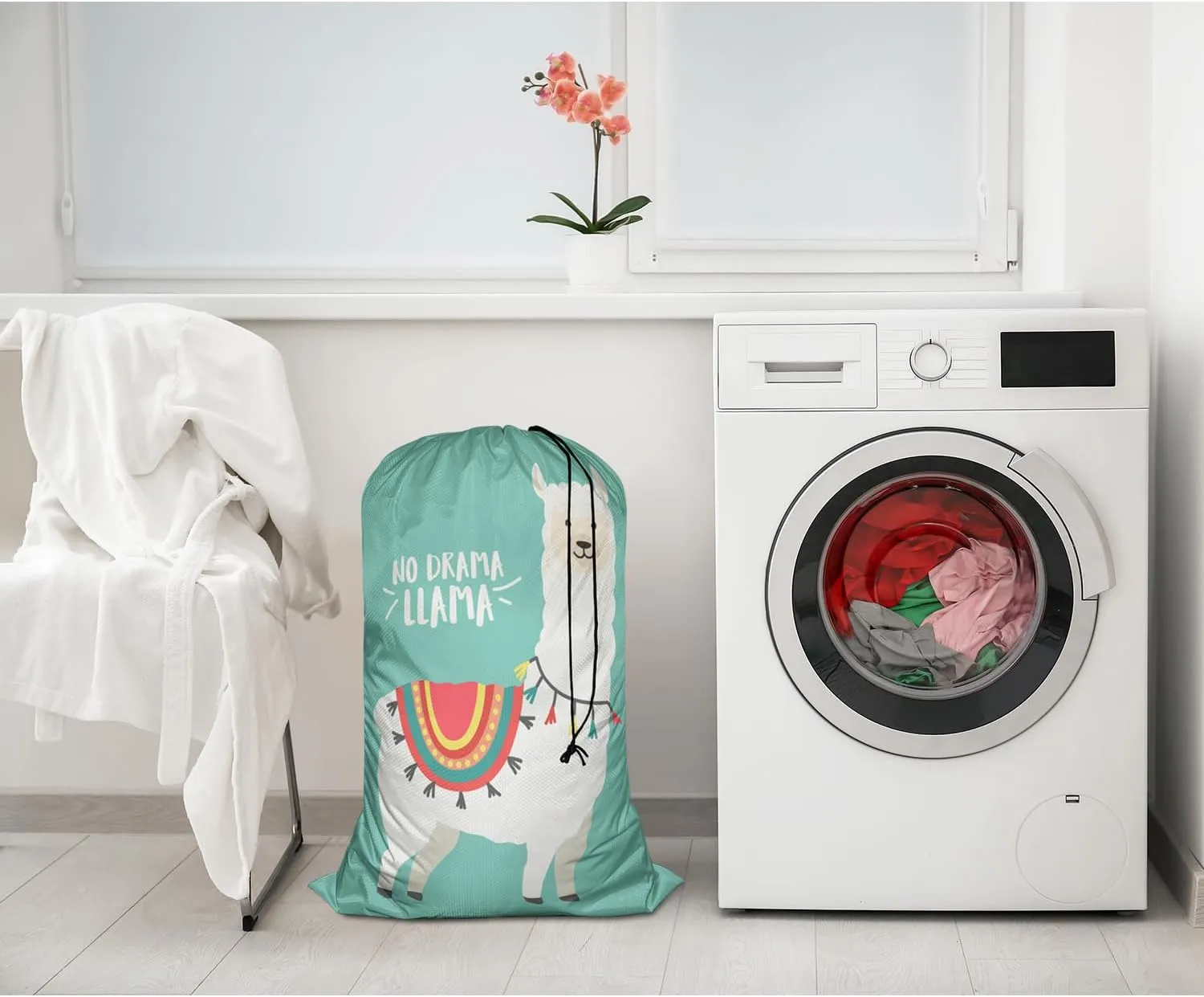 Swono Cute Cartoon Llama Laundry Bag with Strap Machine Washable Large Dirty Clothes Organizer Animal Alpaca Bohemian Cloths No Drama Llama Easy Fit Laundry Hamper or Basket, Carry Up to 4 Loads of