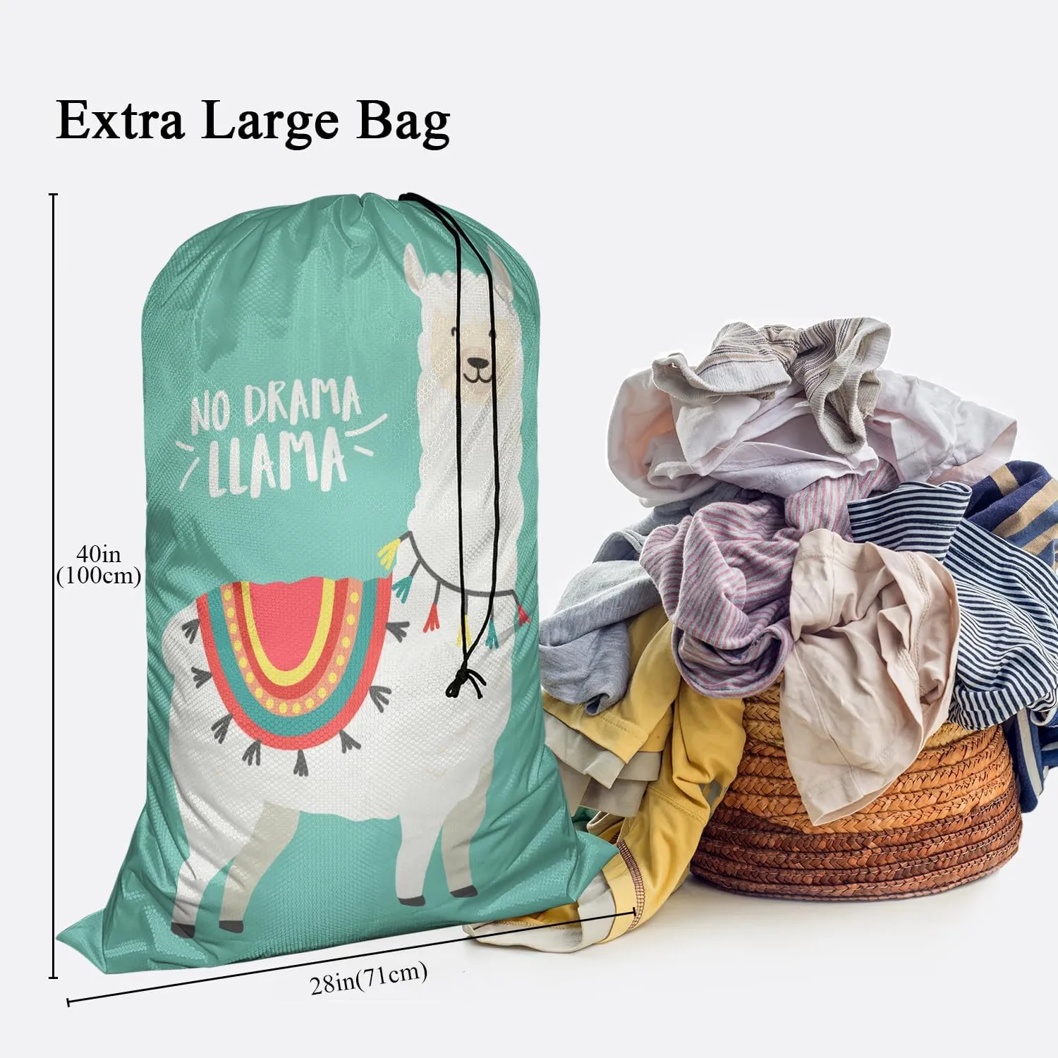 Swono Cute Cartoon Llama Laundry Bag with Strap Machine Washable Large Dirty Clothes Organizer Animal Alpaca Bohemian Cloths No Drama Llama Easy Fit Laundry Hamper or Basket, Carry Up to 4 Loads of