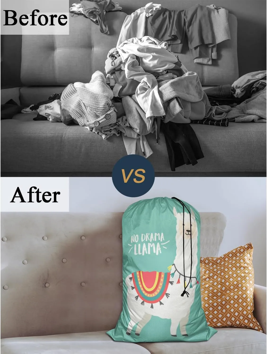 Swono Cute Cartoon Llama Laundry Bag with Strap Machine Washable Large Dirty Clothes Organizer Animal Alpaca Bohemian Cloths No Drama Llama Easy Fit Laundry Hamper or Basket, Carry Up to 4 Loads of