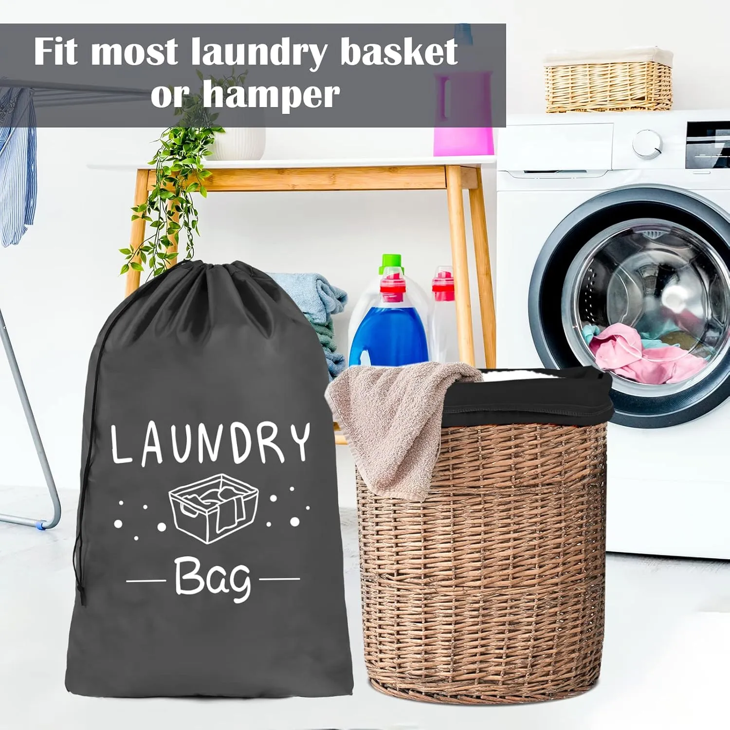 Sylfairy 2 Pack Extra Large Travel Laundry Bag, Dirty Clothes Organizer with Drawstring,Heavy Duty Travel Laundry Bags,Easy Fit a Laundry Hamper Travel Essentials (Black Grey, 24" x 36")