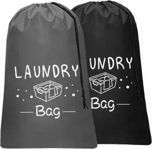 Sylfairy 2 Pack Extra Large Travel Laundry Bag, Dirty Clothes Organizer with Drawstring,Heavy Duty Travel Laundry Bags,Easy Fit a Laundry Hamper Travel Essentials (Black Grey, 24" x 36")