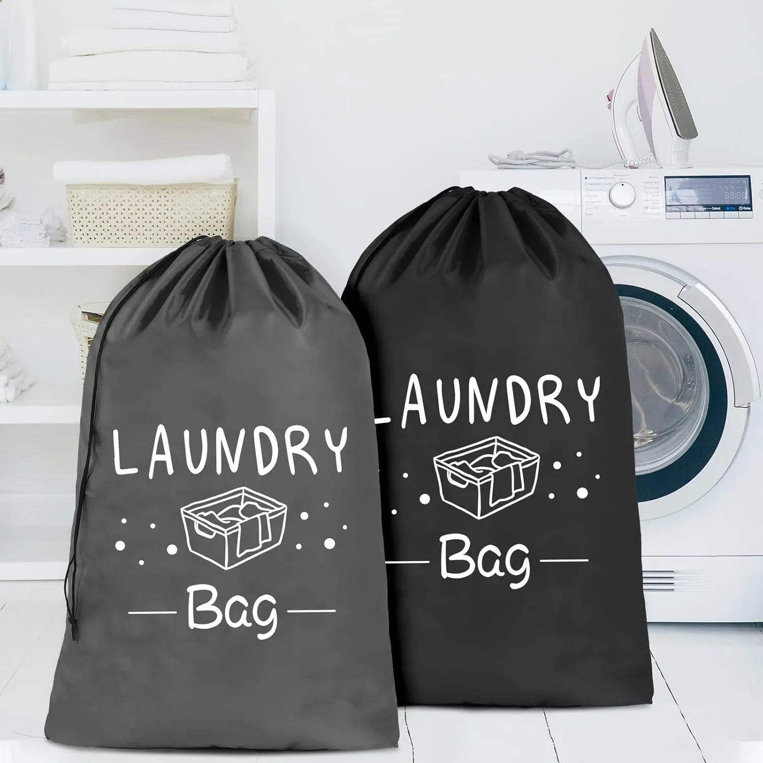 Sylfairy 2 Pack Extra Large Travel Laundry Bag, Dirty Clothes Organizer with Drawstring,Heavy Duty Travel Laundry Bags,Easy Fit a Laundry Hamper Travel Essentials (Black Grey, 24" x 36")
